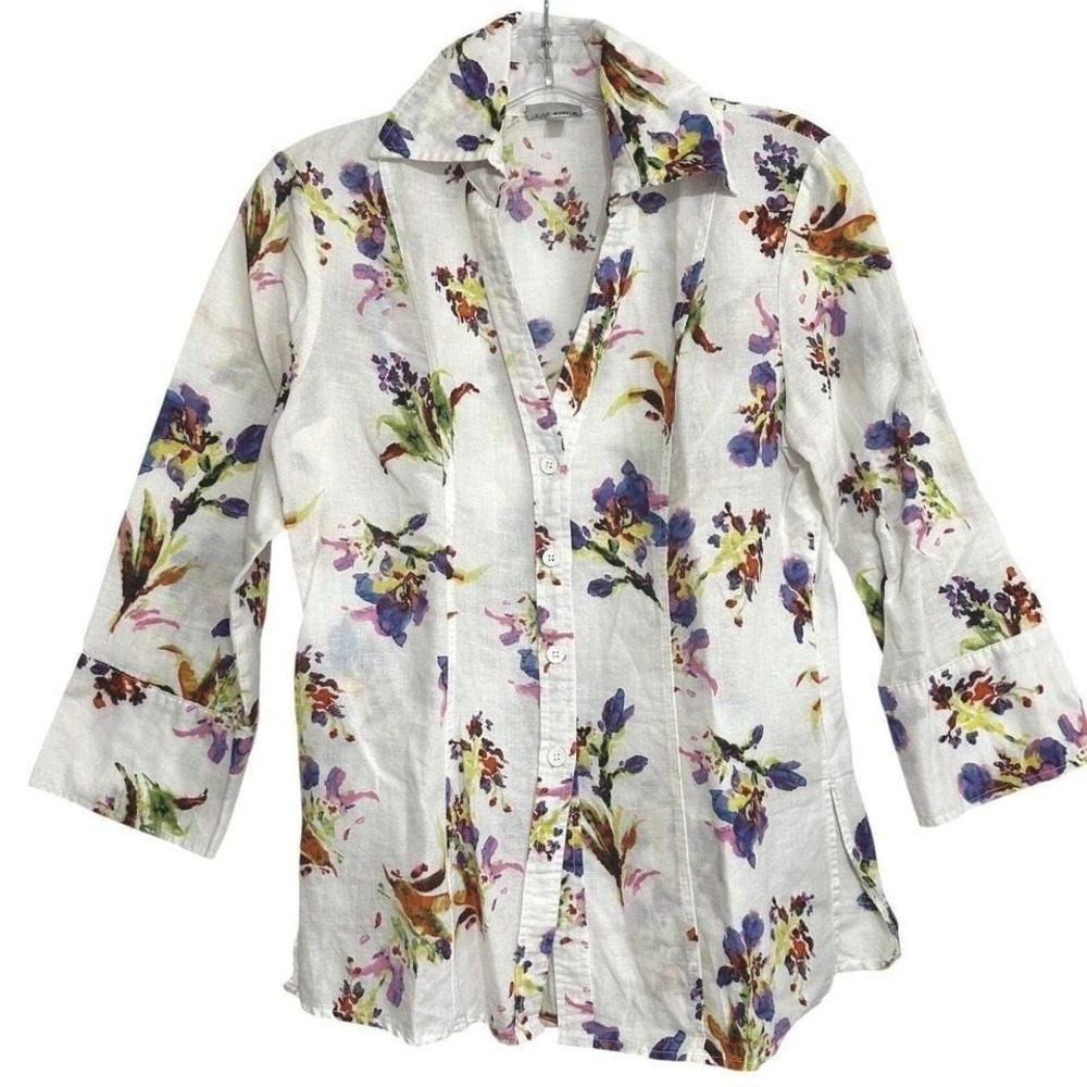 Harve Benard Shirt Women White Floral Linen Blend 3/4 Sleeve Garden Party Chic S